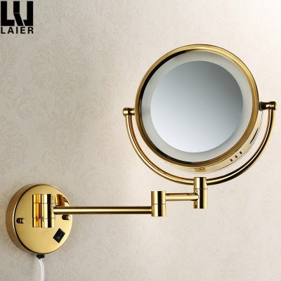 Wall Mounted Bathroom Gold Plated Mirror 3x Magnifying With LED Lights Mirror For Dress Up